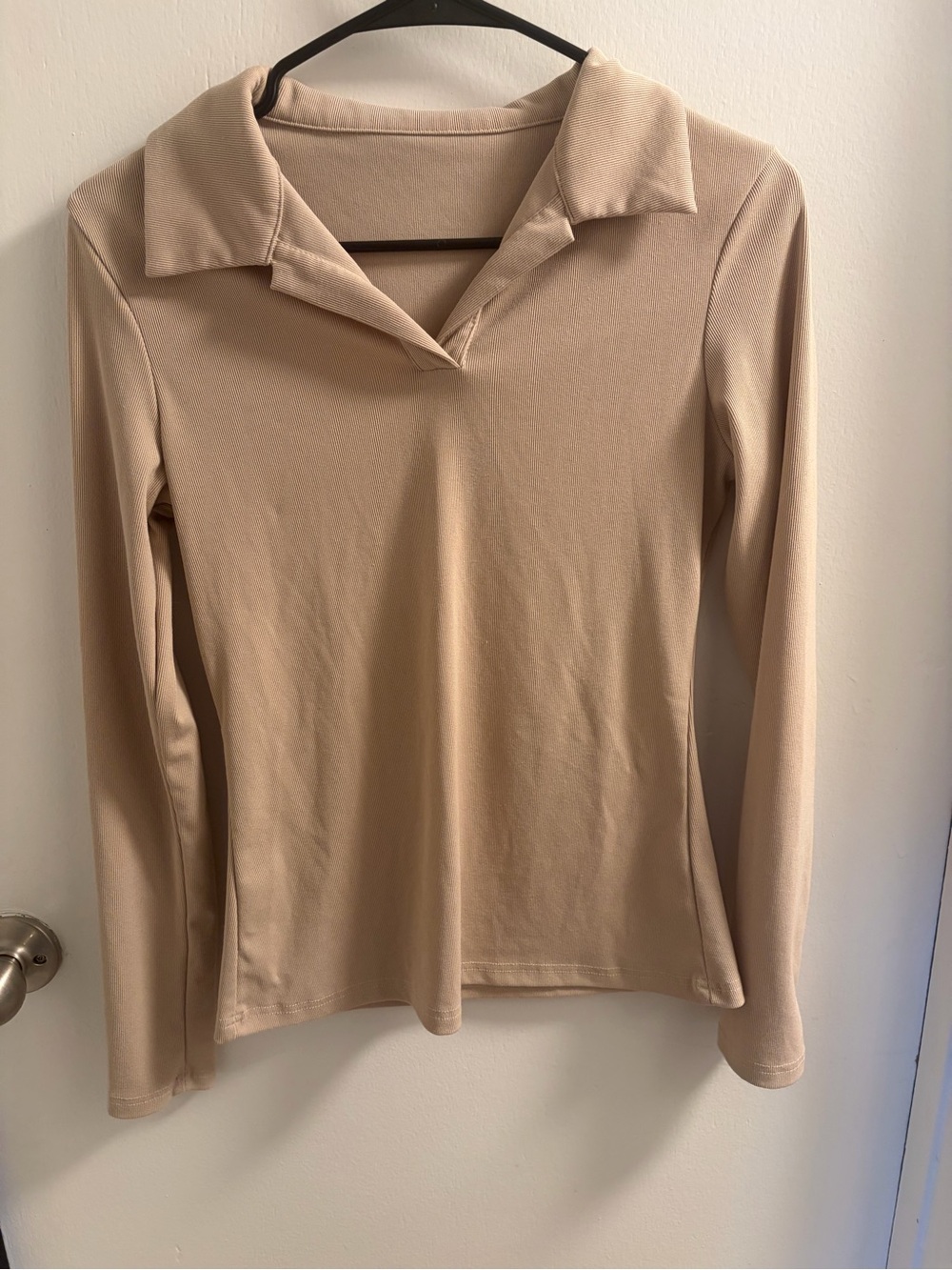 Women's Beige Long Sleeve Collared Tee